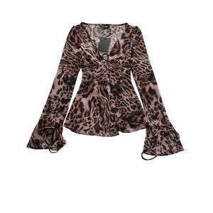 Leopard Print Tie-Front Blouse in Brown - Women